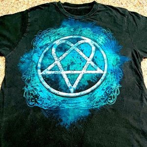 🎸 '07 H.I.M. Band HIM Wild Neon Blue String Pentogram Logo Doubleside Tee